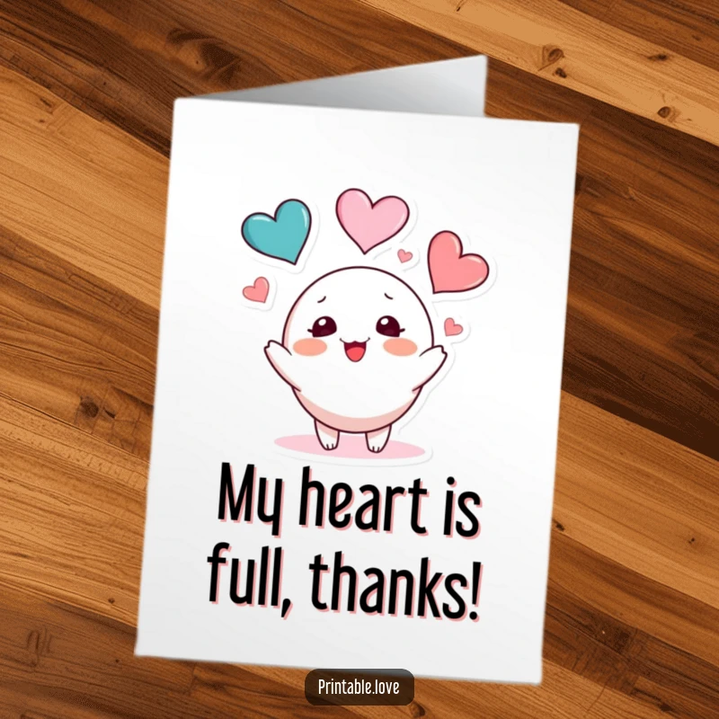 Funny Free Printable Juggling Hearts Thank You Card: A blushing character juggles three hearts, expressing heartfelt thanks.