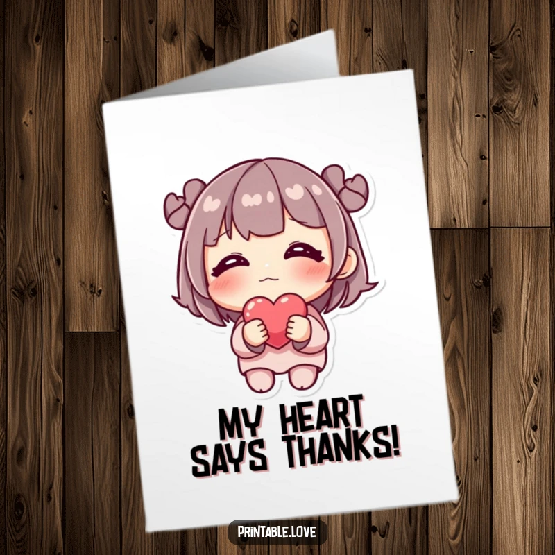 Funny Free Printable Thank You Card featuring a shy blushing character offering a heart, ideal for a downloadable DIY expression of gratitude.