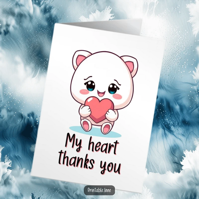 Funny Free Printable Thank You Card: Smiling character with beaming eyes, gifting a glowing heart to express thanks.