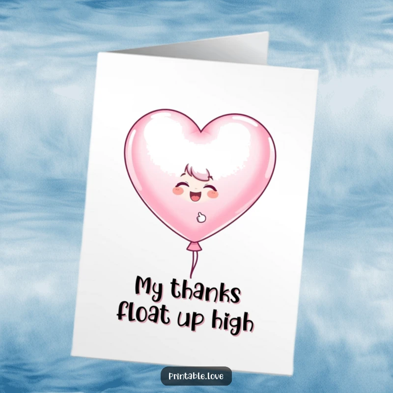 Funny Free Printable Balloon Thank You Card: A giggling character peeks from behind a large heart balloon, offering thanks.
