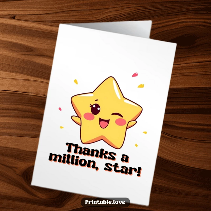 Funny free printable thank you card showing a tiny star winking and scattering confetti, expressing gratitude with humor.