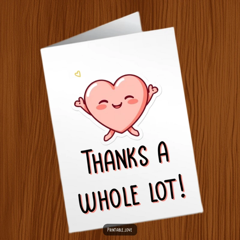 Funny Free Printable Thank You Card featuring a tiny, blushing heart character jumping joyfully to express sincere and cheerful gratitude.