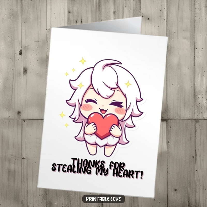 Funny Free Printable Sparkling Heart Character Thank You Card winking, holding a heart with a mischievous grin, giving thanks playfully.