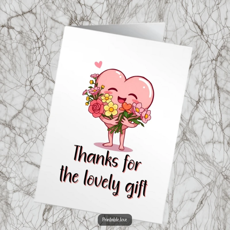 Free Printable Thank You Card: A heart character giggling while holding flowers, a joyful way to say thank you, DIY gift.