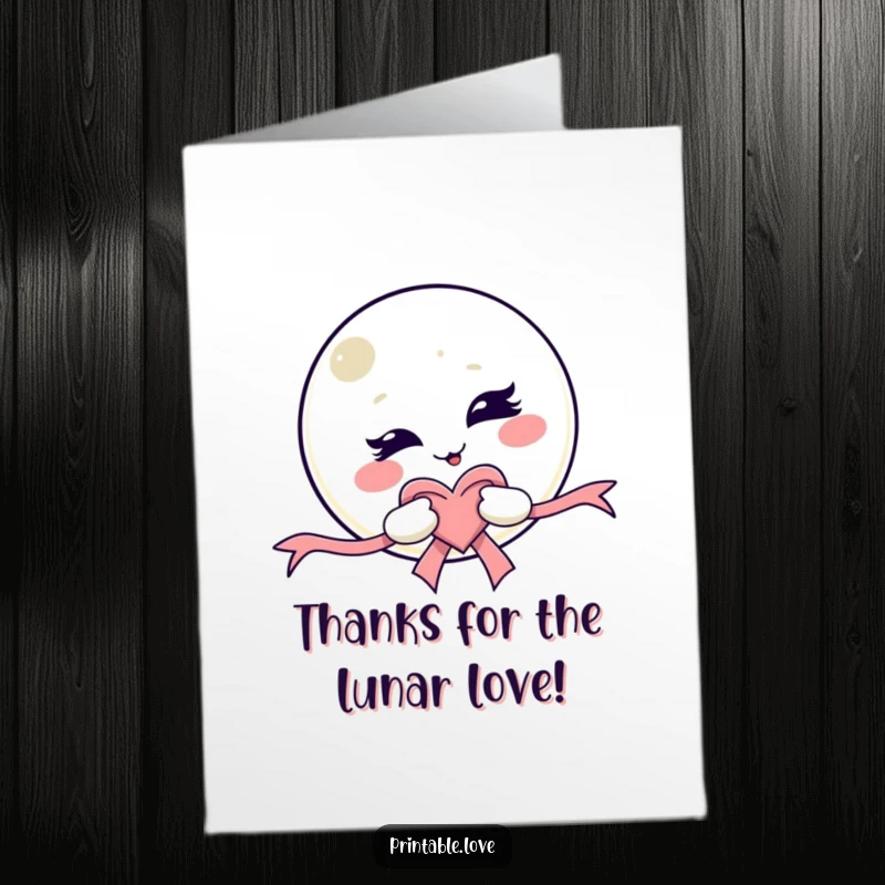 Funny Free Printable Thank You Card featuring a mischievous kawaii moon character winking, holding a heart-shaped ribbon.