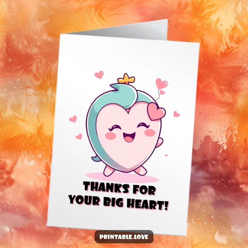 Funny Free Printable Thank You Card: A small, happy heart character tripping gleefully, expressing thanks with humor.