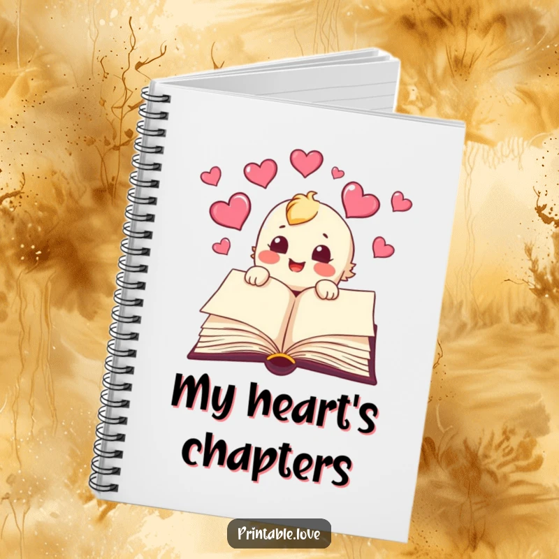 Funny book notebook with a character joyfully releasing hearts from its pages, perfect for jotting down story ideas.