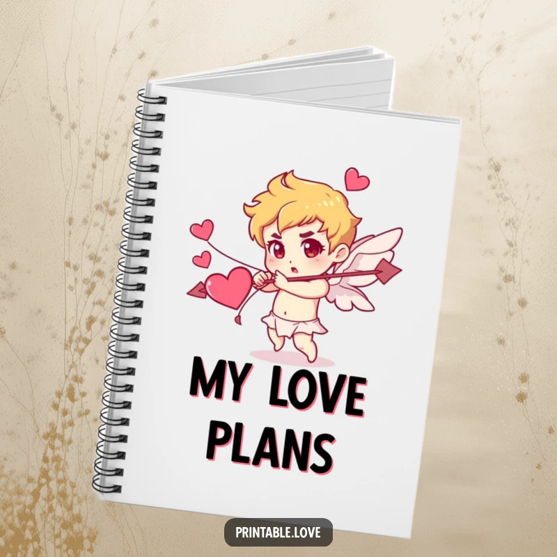 Funny Cupid notebook with a character determinedly shooting an arrow made of hearts, perfect for jotting down romantic thoughts.