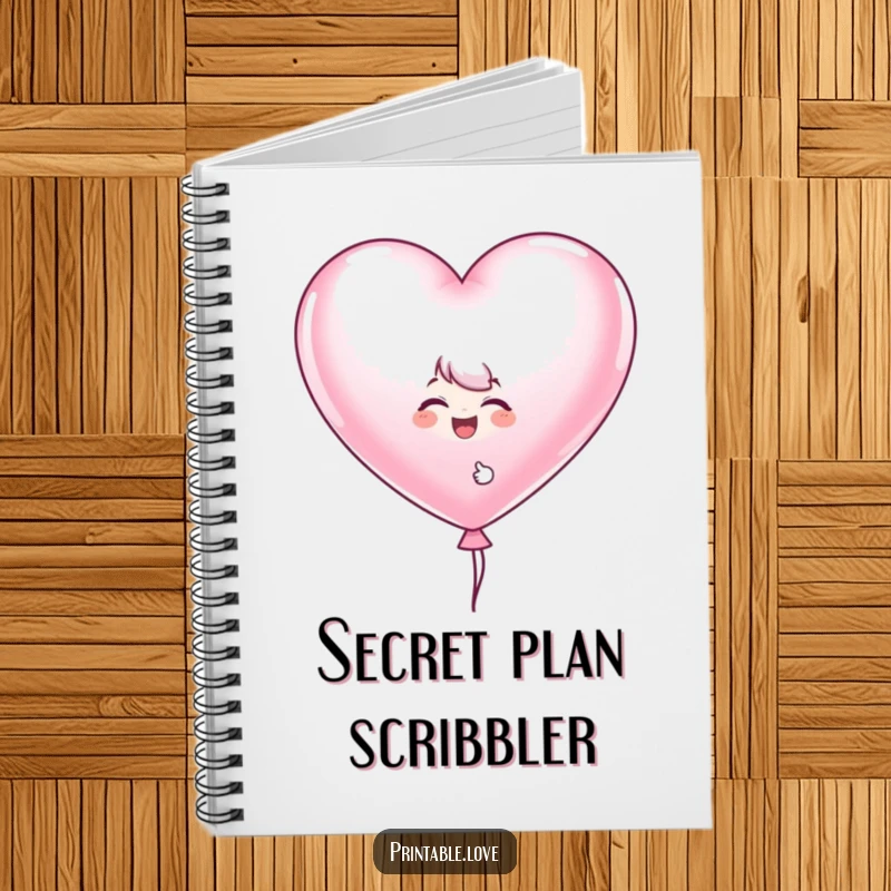 Funny heart balloon notebook featuring a giggling character peeking from behind a large heart-shaped balloon, ideal for notes and doodles.