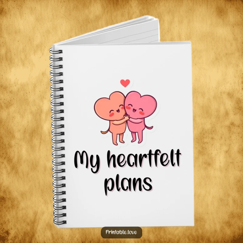 Funny small heart characters in a sweet hug on the cover of a notebook, inspiring loving thoughts.