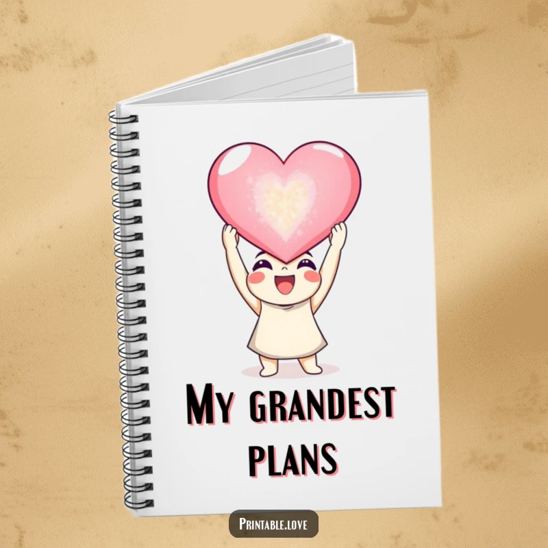 Funny joyful character notebook, a happy figure holding a giant sparkling heart, ideal for notes.