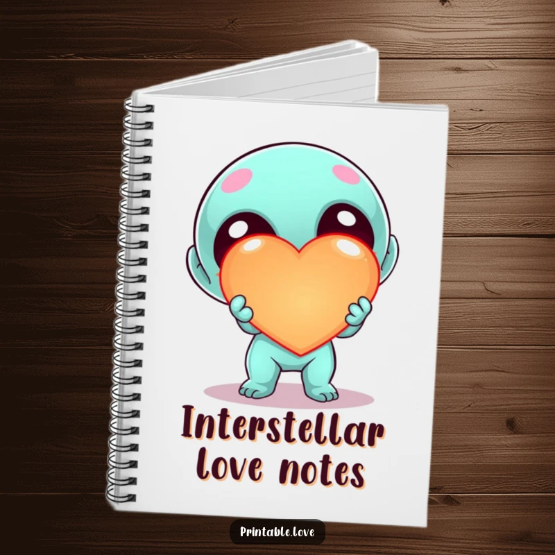 Funny Kawaii Alien Heart Notebook, cute cartoon alien enthusiastically offering a large, glowing heart, perfect for journaling and notes.