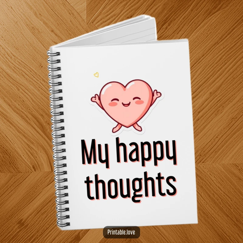 Funny tiny heart character with blushing cheeks joyfully jumping on the cover of a notebook, inspiring happy thoughts.