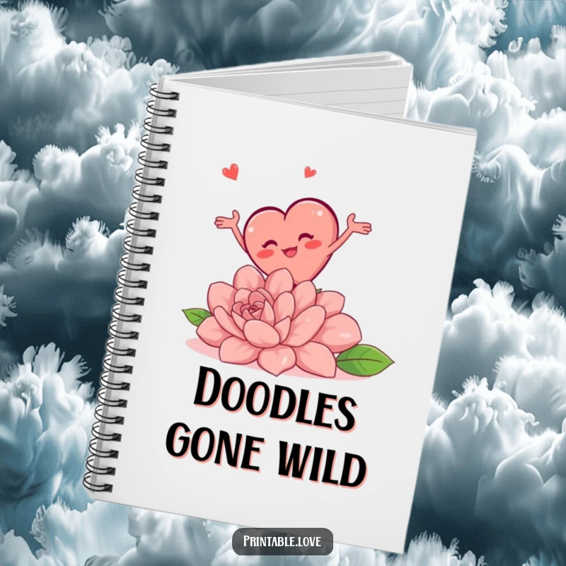 Funny notebook cover showing a chubby heart character comically tripping over a giant flower, arms flailing, perfect for note-taking.