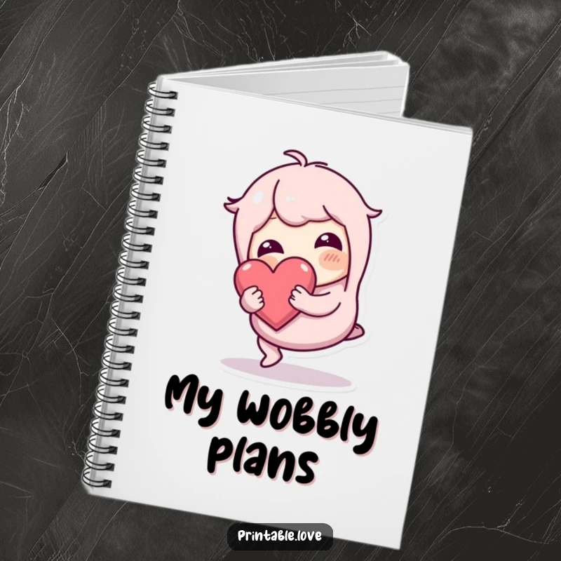 Funny wobbly character on a notebook cover, tripping but holding a heart safely, a delightful and useful stationery item.