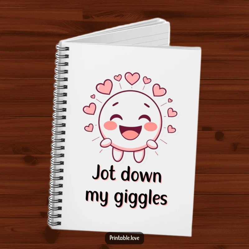 Funny Kawaii Smiley Face Notebook, cute cartoon character bursting with laughter, radiating heart shapes, perfect for journaling and notes.
