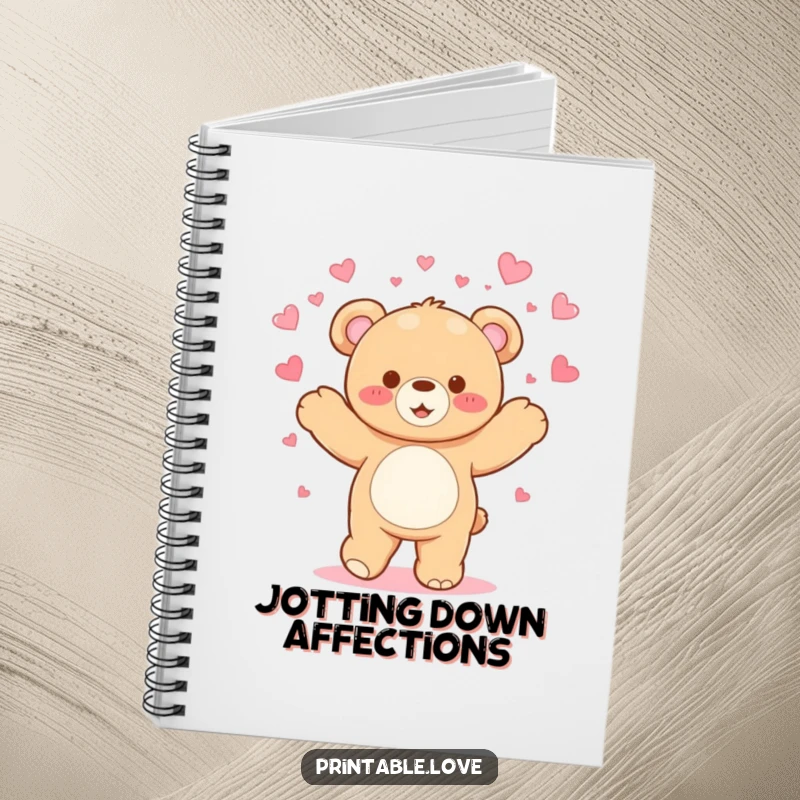 Funny Kawaii Teddy Bear Notebook: Features a dancing bear showering hearts, ideal for journaling with humorous flair.