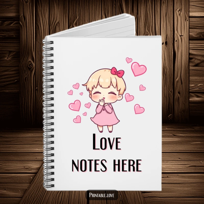 Funny Notebook with a cute character blowing kisses, surrounded by a trail of floating hearts, perfect for journaling and note-taking.