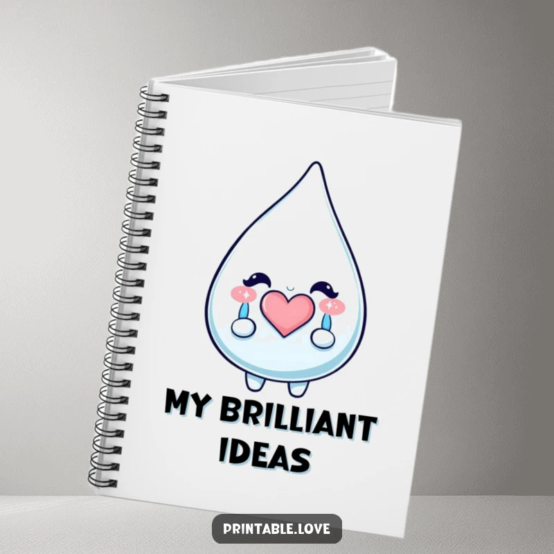 Funny Kawaii Teardrop Notebook: Lined pages with a teardrop character shedding happy, sparkly tears forming a heart, perfect for journaling.