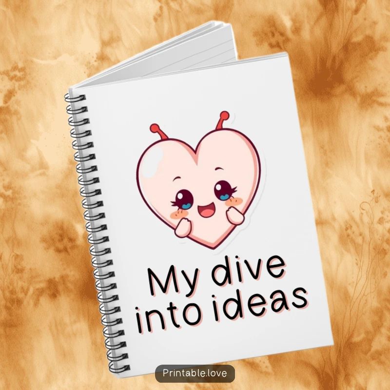 Funny notebook cover featuring a heart character in a delightful tumble, eyes wide with excitement, ready to capture inspiring ideas.