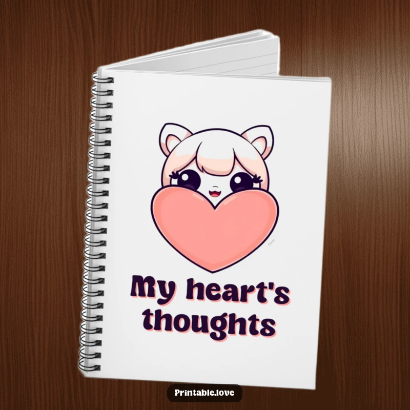 Funny notebook with a kawaii character peeking adorably from behind a heart, perfect for jotting down thoughts and creative ideas.