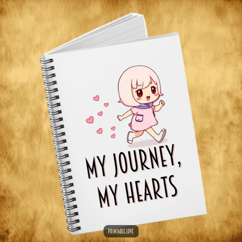 Funny Striding Hearts Notebook: Cute character writing notes, leaving a trail of hearts, promoting purposeful planning.