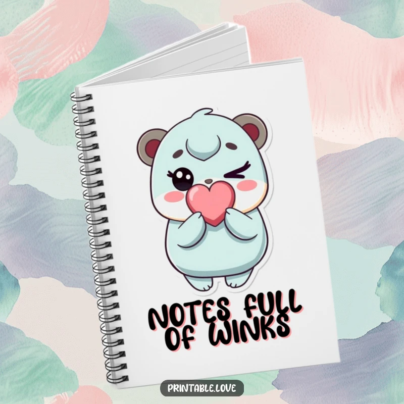 Funny kawaii character notebook, jotting down notes, playfully winking with a heart candy, cute stationery, perfect for students and journaling.