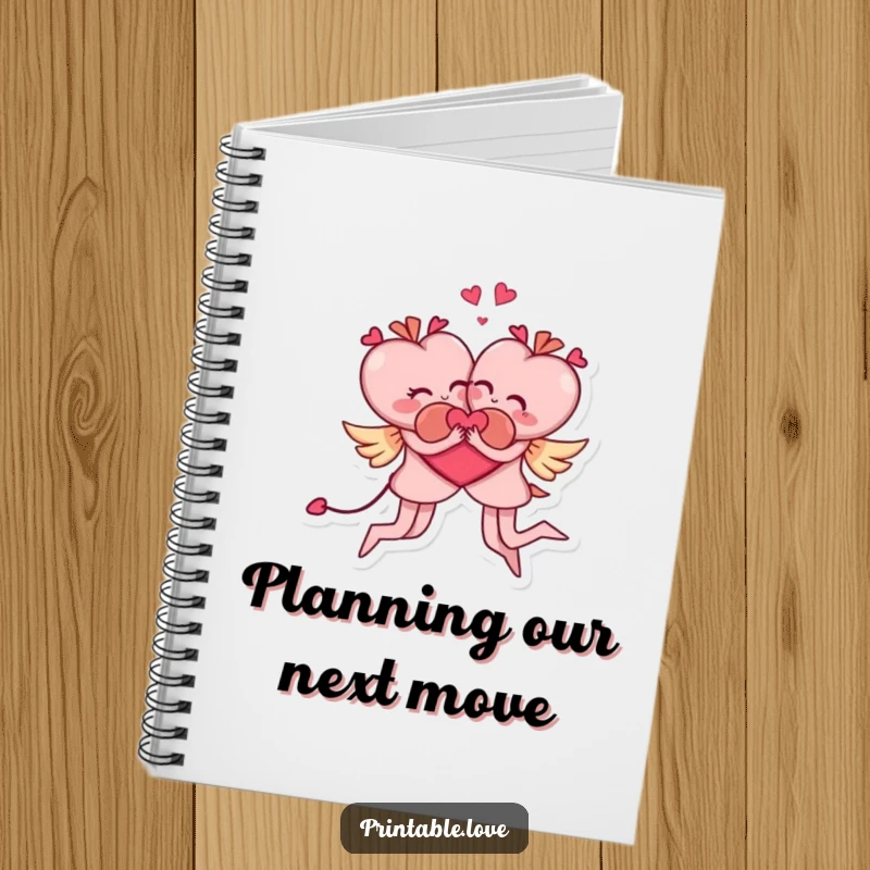 Funny notebook with a cover showing two heart characters in a dynamic, acrobatic embrace, encouraging creative and humorous writing.