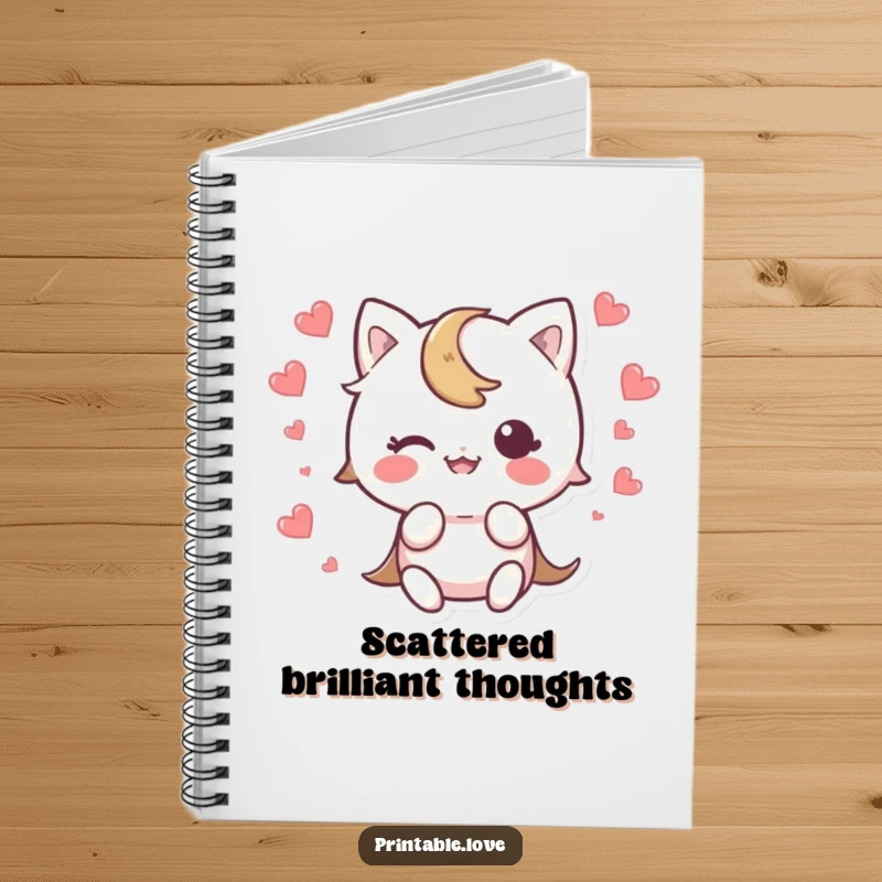 Funny Kawaii Character Notebook showcasing a cute character tripping, heart scattering in surprise, perfect for jotting down thoughts.