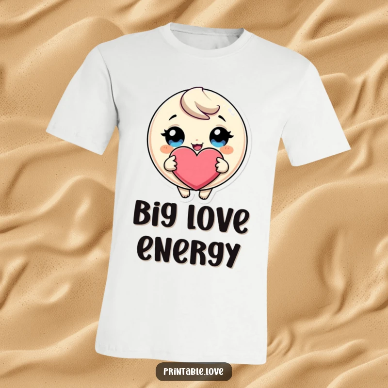 Funny Giggling Heart T-Shirt: A character with enormous eyes giggles heartily while holding a massive heart, symbolizing immense love.