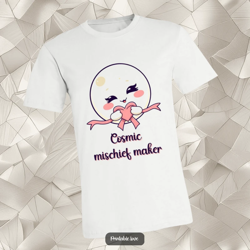 Funny Kawaii Moon T-Shirt: A mischievous moon character with a wink, holding a ribbon shaped like a heart, great for casual wear.