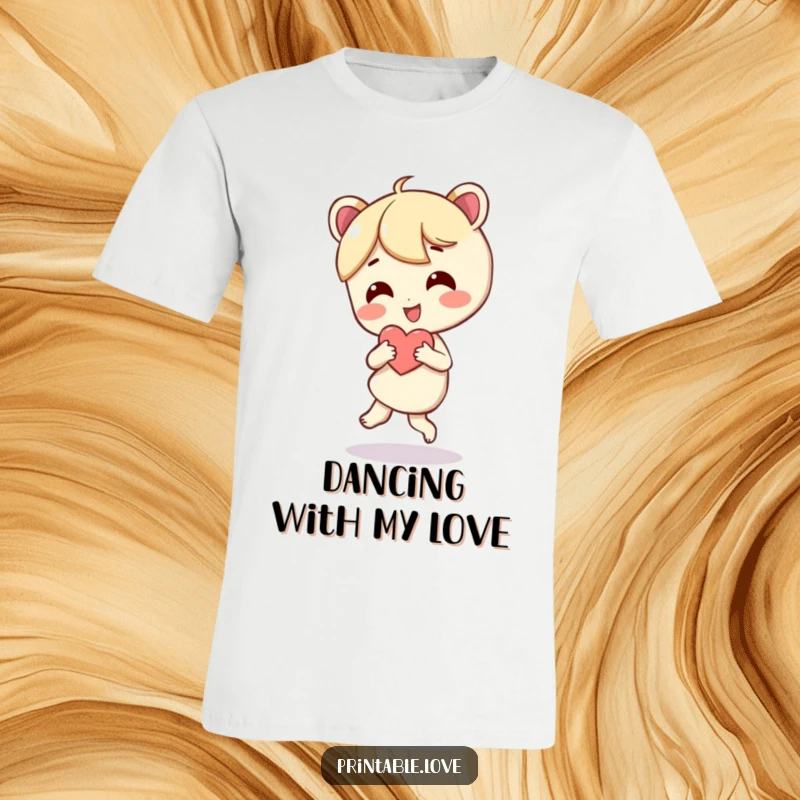 Funny t-shirt featuring a character in mid-dance, gleefully clutching a big red heart. A celebration of pure joy.