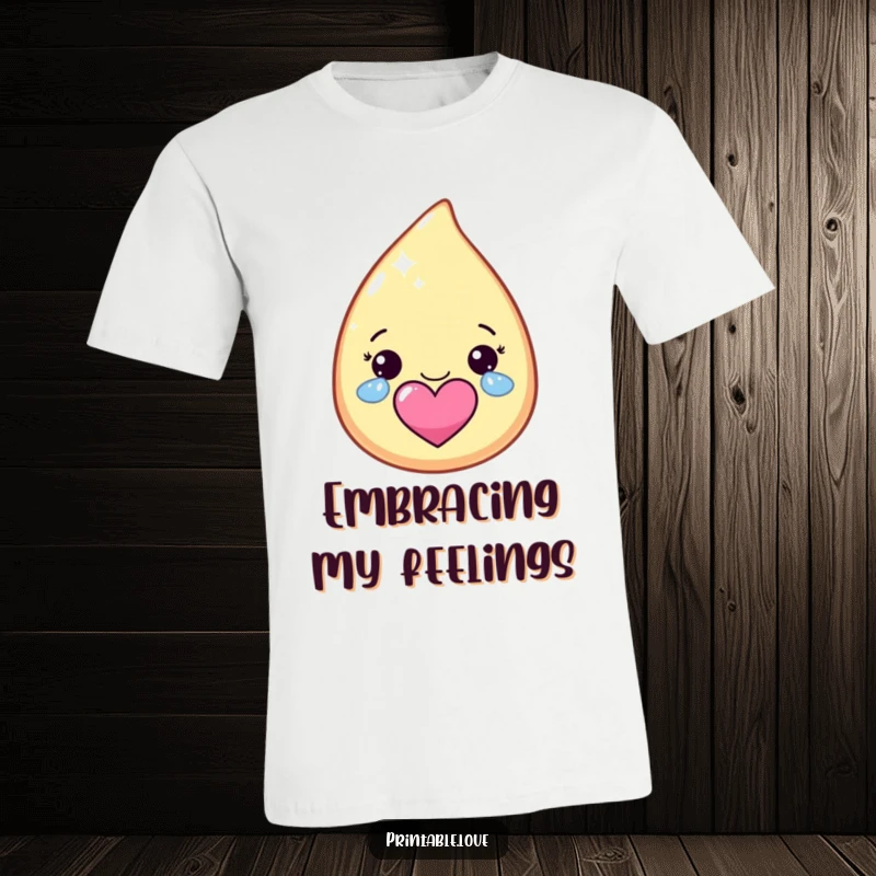 Funny kawaii teardrop character t-shirt, crying happy, sparkly tears that form a heart, symbolizing pure delight.