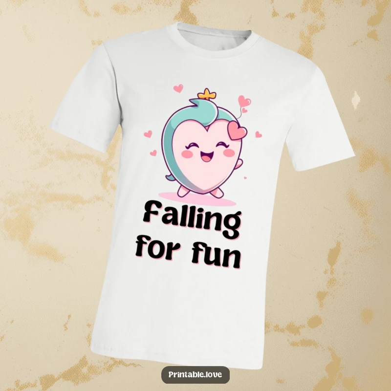 Funny t-shirt featuring a small, adorable heart character in mid-trip, arms flailing slightly with an expression of pure, unadulterated glee.