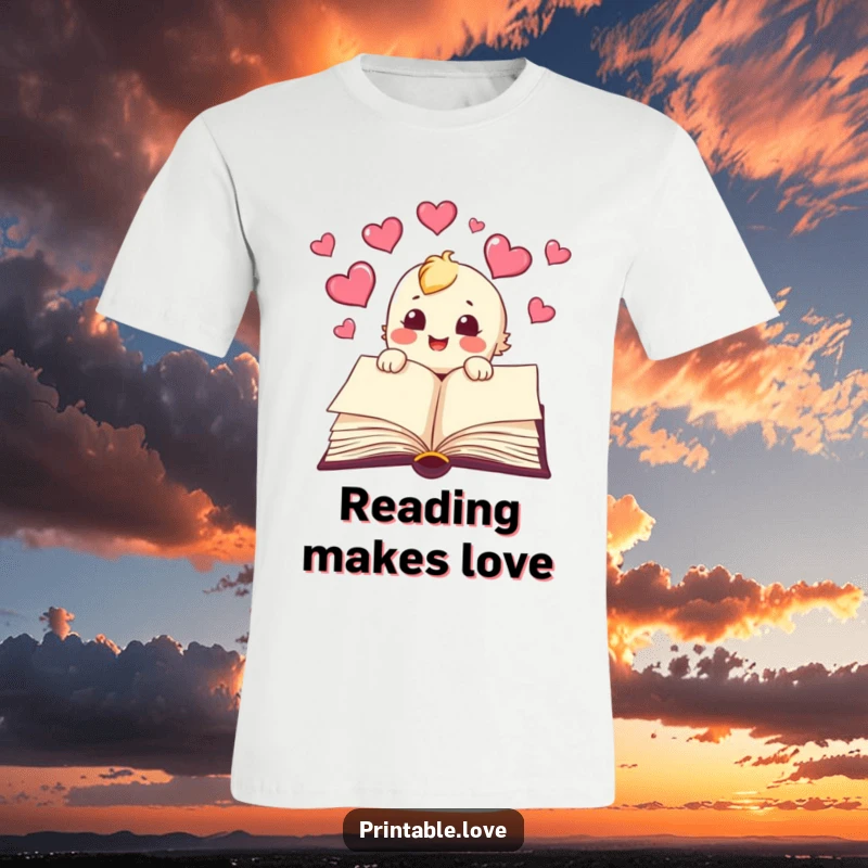 Funny book t-shirt with a character joyfully releasing hearts from its pages, celebrating the love of books and imagination.