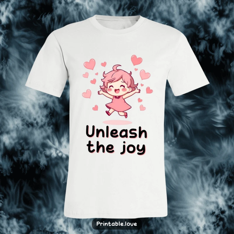 Funny T-Shirt featuring an ecstatic character dancing freely, joyfully surrounded by numerous floating hearts, expressing uninhibited happiness.