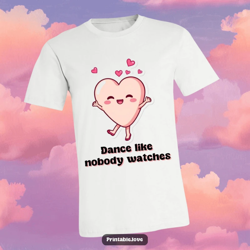 Funny, happy heart character in a delightful twirl and dance on a t-shirt, radiating pure joy and energy.