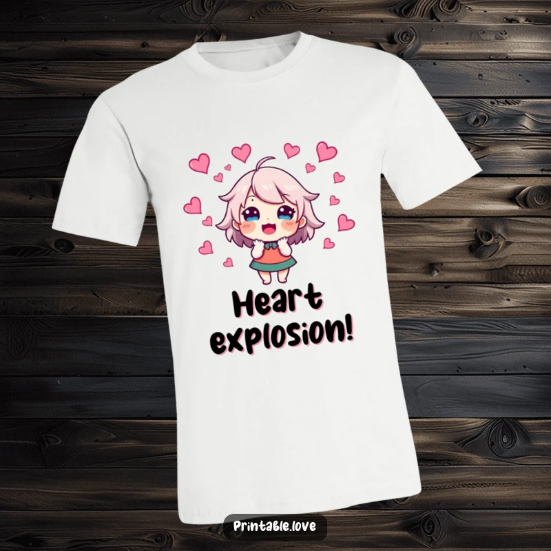 Funny T-Shirt depicting an excited character with hearts swirling around their head, symbolizing boundless enthusiasm and happiness.