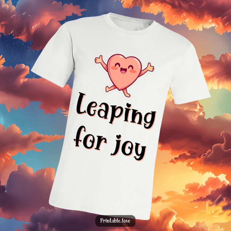 Funny Heart T-Shirt showcasing a small, ecstatic heart character mid-leap with arms wide open, embodying pure, unadulterated joy.