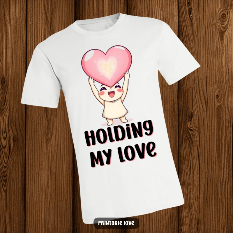 Funny joyful character T-shirt design featuring a happy figure holding a large, glittering heart, great gift.