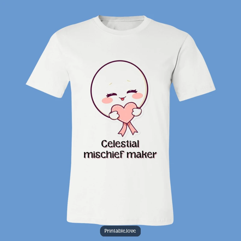Funny Kawaii Moon T-Shirt: Mischievous Wink Heart Ribbon Tee, Great Gift