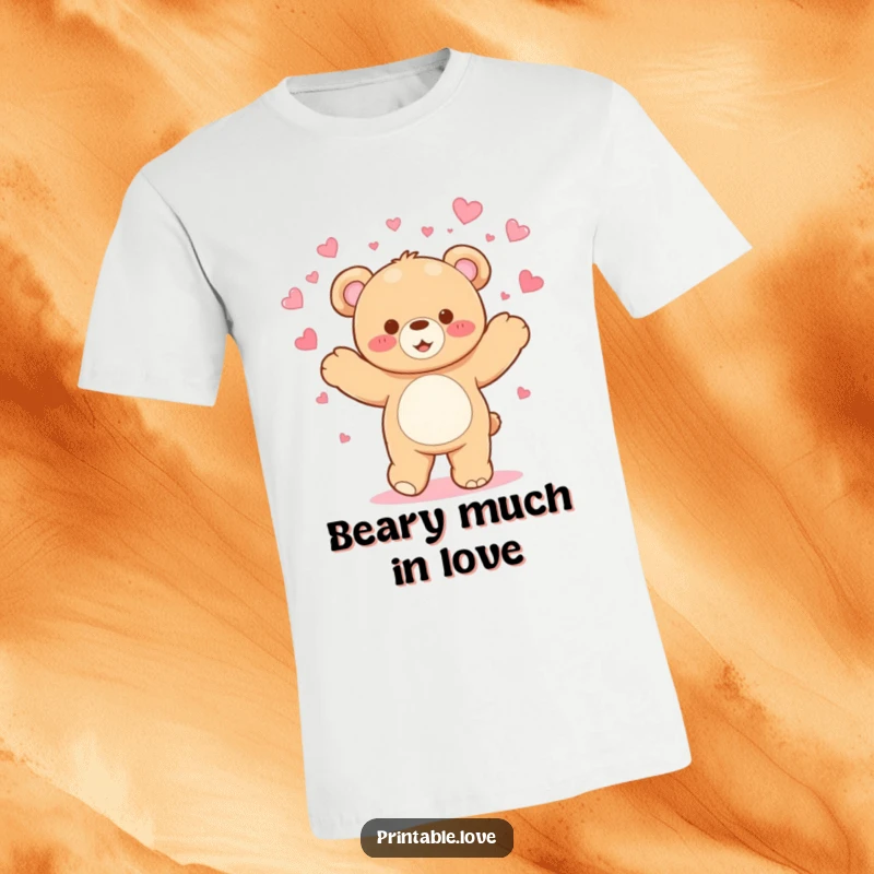 Funny Kawaii Teddy Bear Shirt: A cheerful bear dances joyfully, scattering hearts, symbolizing fun and happiness.