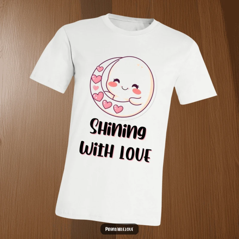Funny moon t-shirt with a character smiling and holding a crescent moon made of hearts, displaying cosmic charm and humor.
