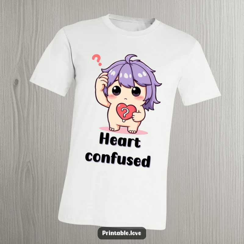 Funny T-Shirt depicting a confused character scratching their head while holding a heart question mark, showcasing thoughtful perplexity.