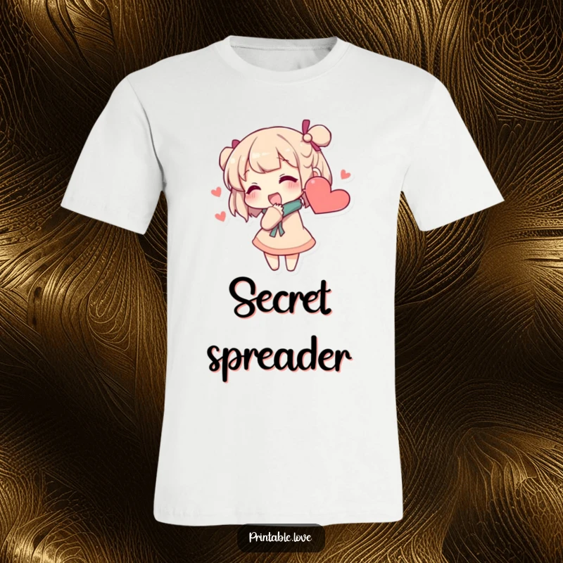 Funny secret whisper t-shirt featuring a character excitedly sharing secrets into a heart-shaped ear, designed for true friends.