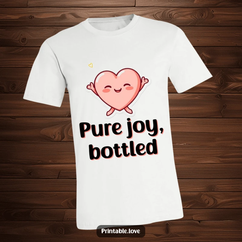 Funny tiny heart character with rosy cheeks, captured mid-jump with pure joy on a t-shirt.