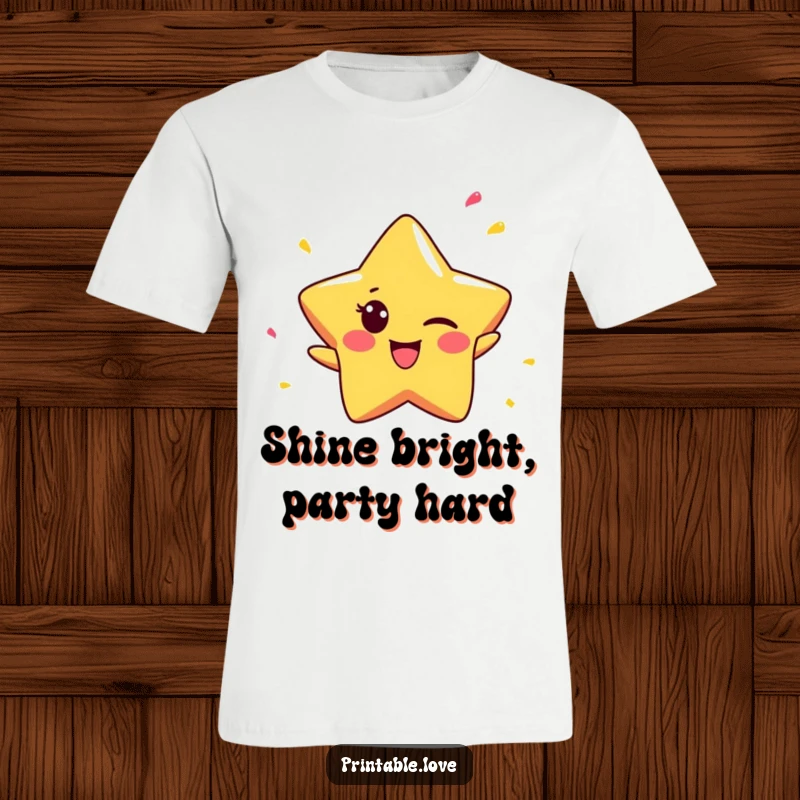Funny Star T-Shirt: A tiny winking star character gleefully throws confetti with a mischievous grin, ready for a party.