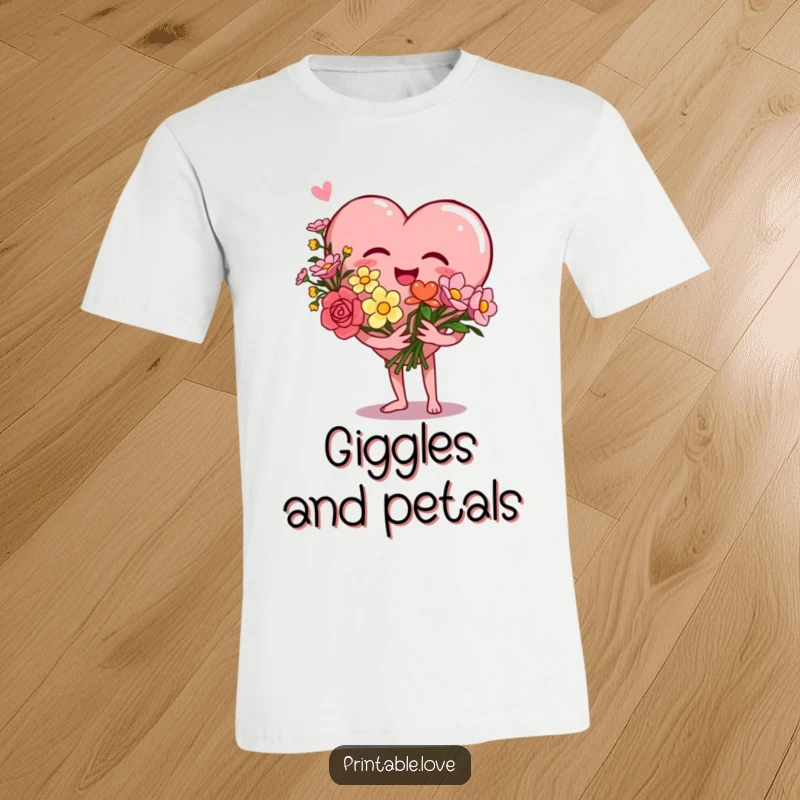 Funny Heart T-Shirt showcasing a giggling heart character holding a vibrant bouquet of flowers, embodying love, joy, and lightheartedness.