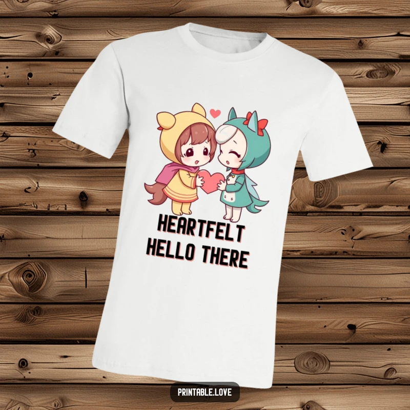 Funny playful character T-shirt design showing a shy figure giving a heart, a cute and funny gift.