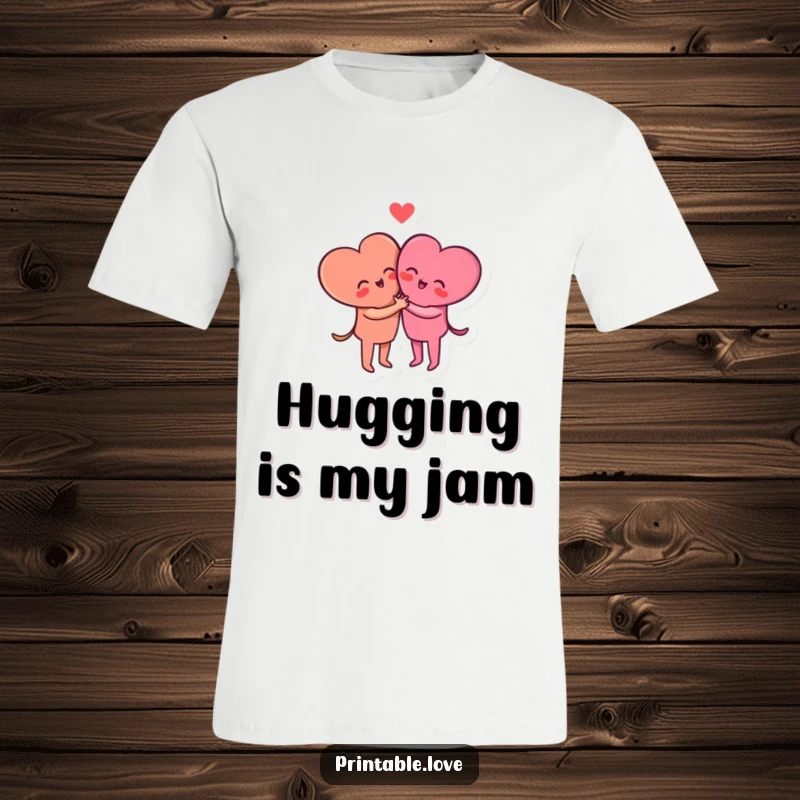 Funny small heart characters in a heartwarming hug, printed on a t-shirt to celebrate connection.